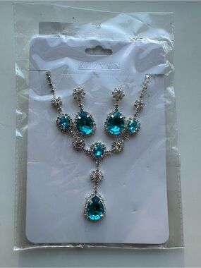 Teal Crystal Teardrop Necklace and Earring Set